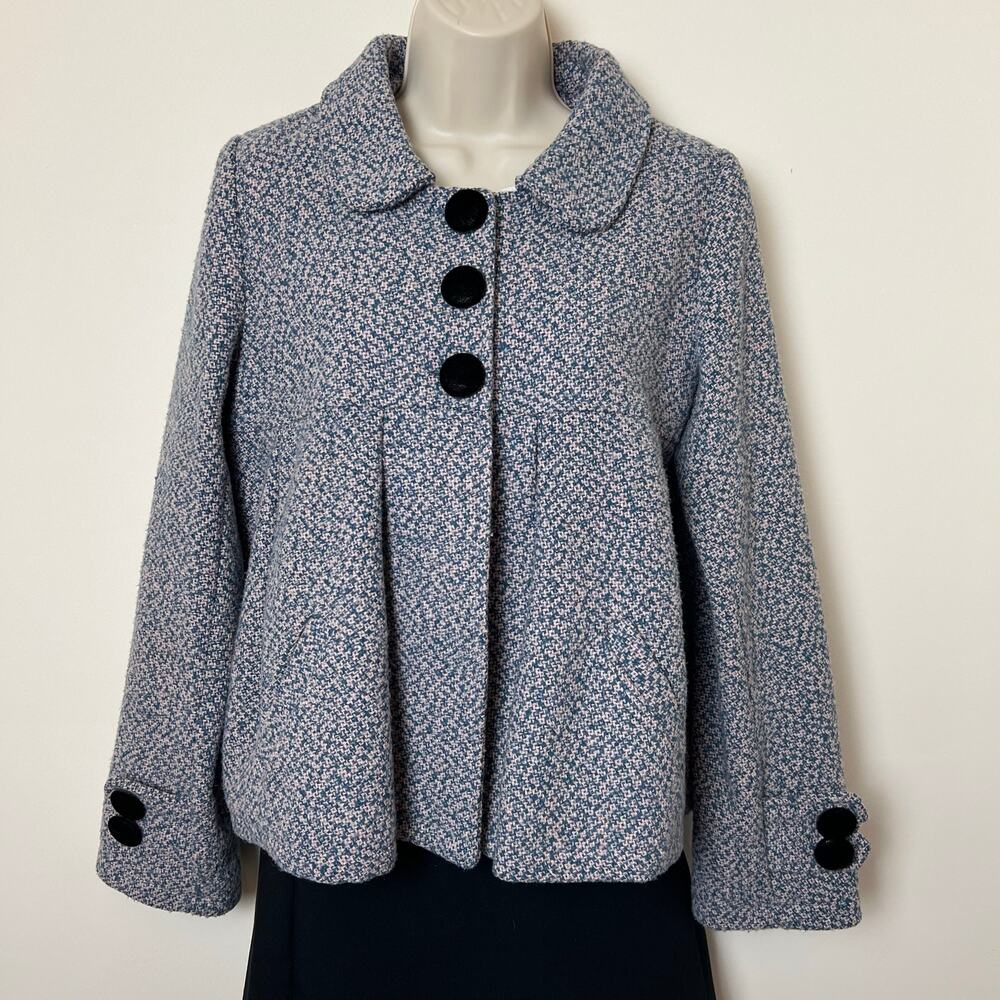Kaity Tweed Swing Jacket Peter Pan Collar with Velvet Buttons Pockets Pink Blue